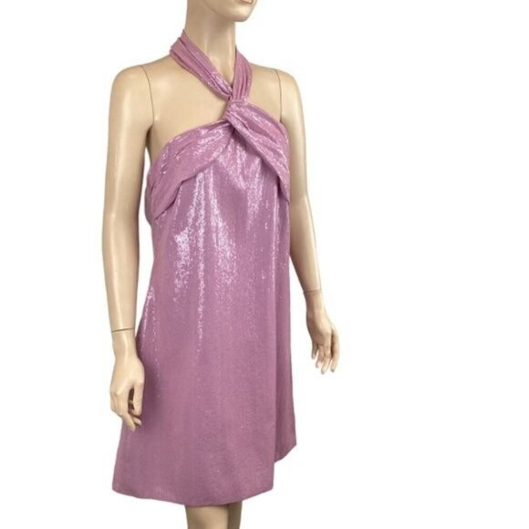 NWT Halston Sarena‎ Dress Size 14 Stretch Sequins Formal Cocktail Halter Mini - Picture 6 of 12